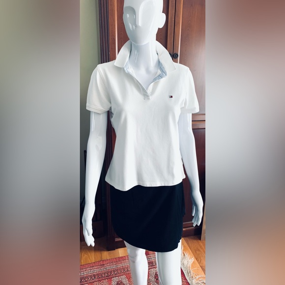 Tommy Hilfiger white cotton polo t-shirt logo blue & white striped collar lining - Picture 9 of 12